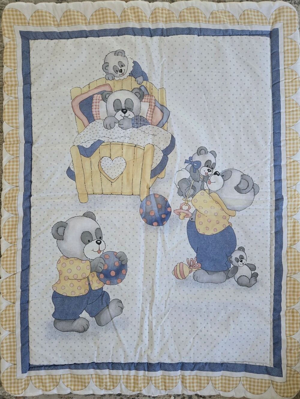 Vintage 1980s Panda Bear Baby Quilt Blanket Scalloped Nursery Crib Double Sided
